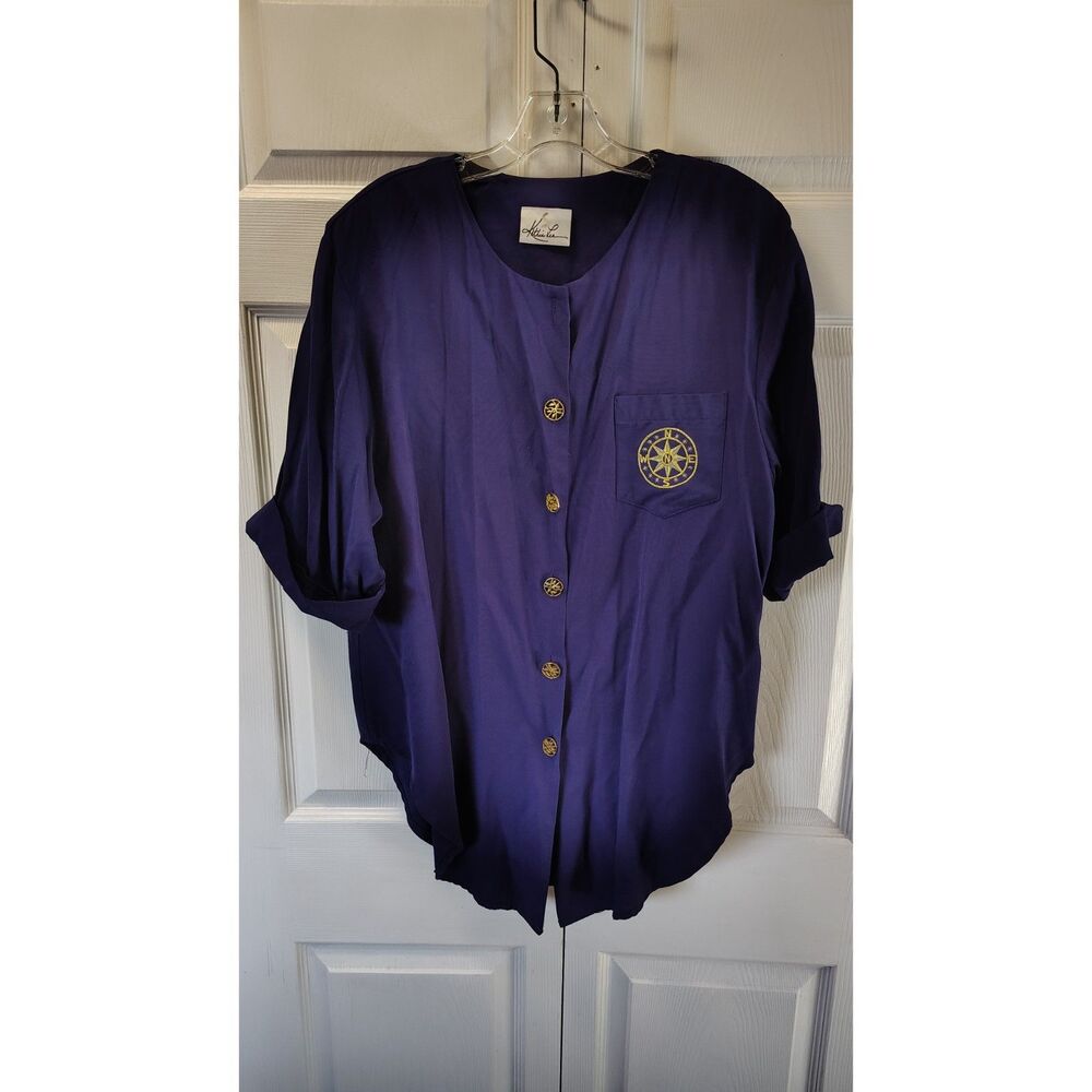 Vtg 90s Kathie Lee Purple Nautical Compass Blouse Gold Button Shirt XL 23” P2P